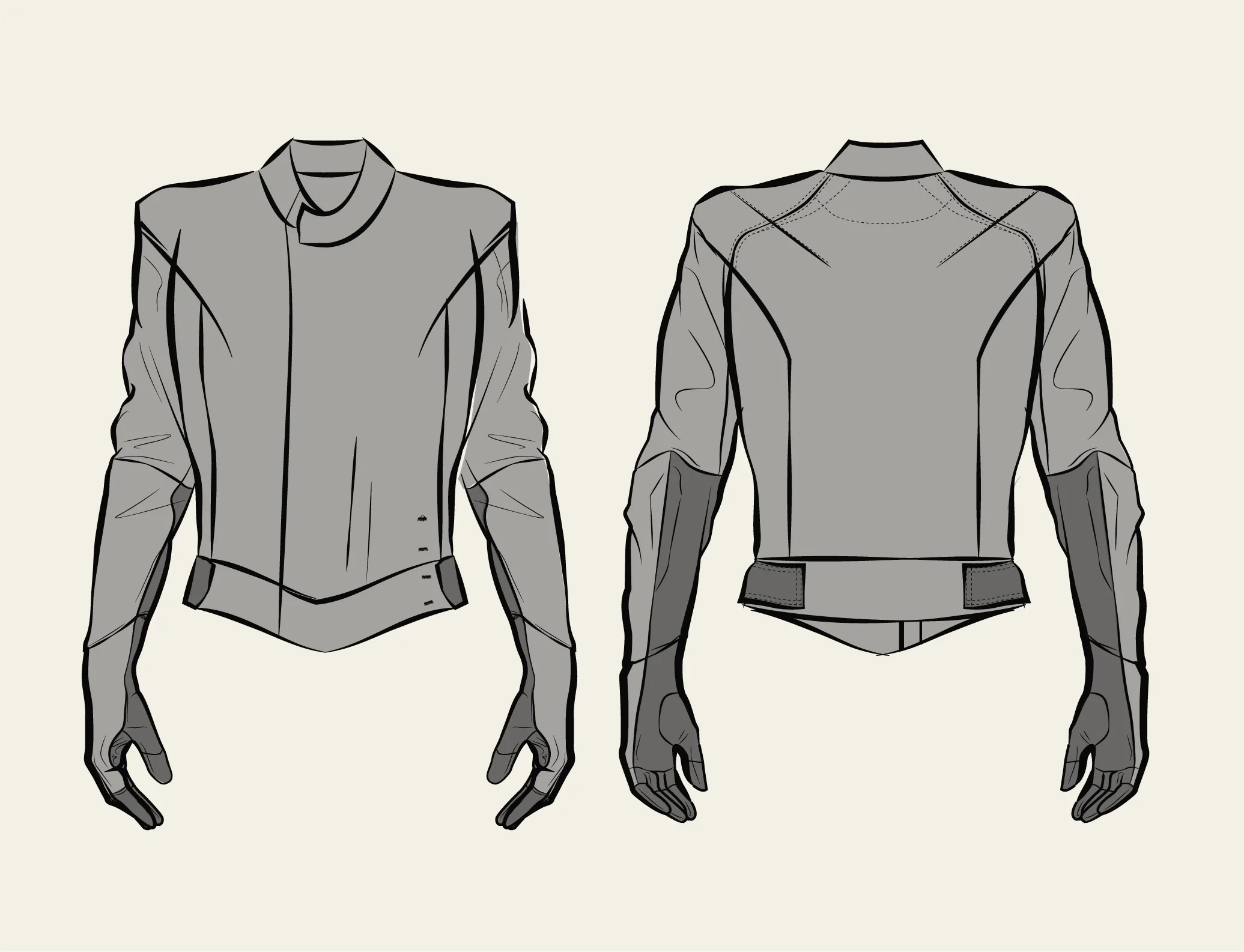 Technical flat drawing of a cropped jacket with integrated glove sleeves, front and back views.