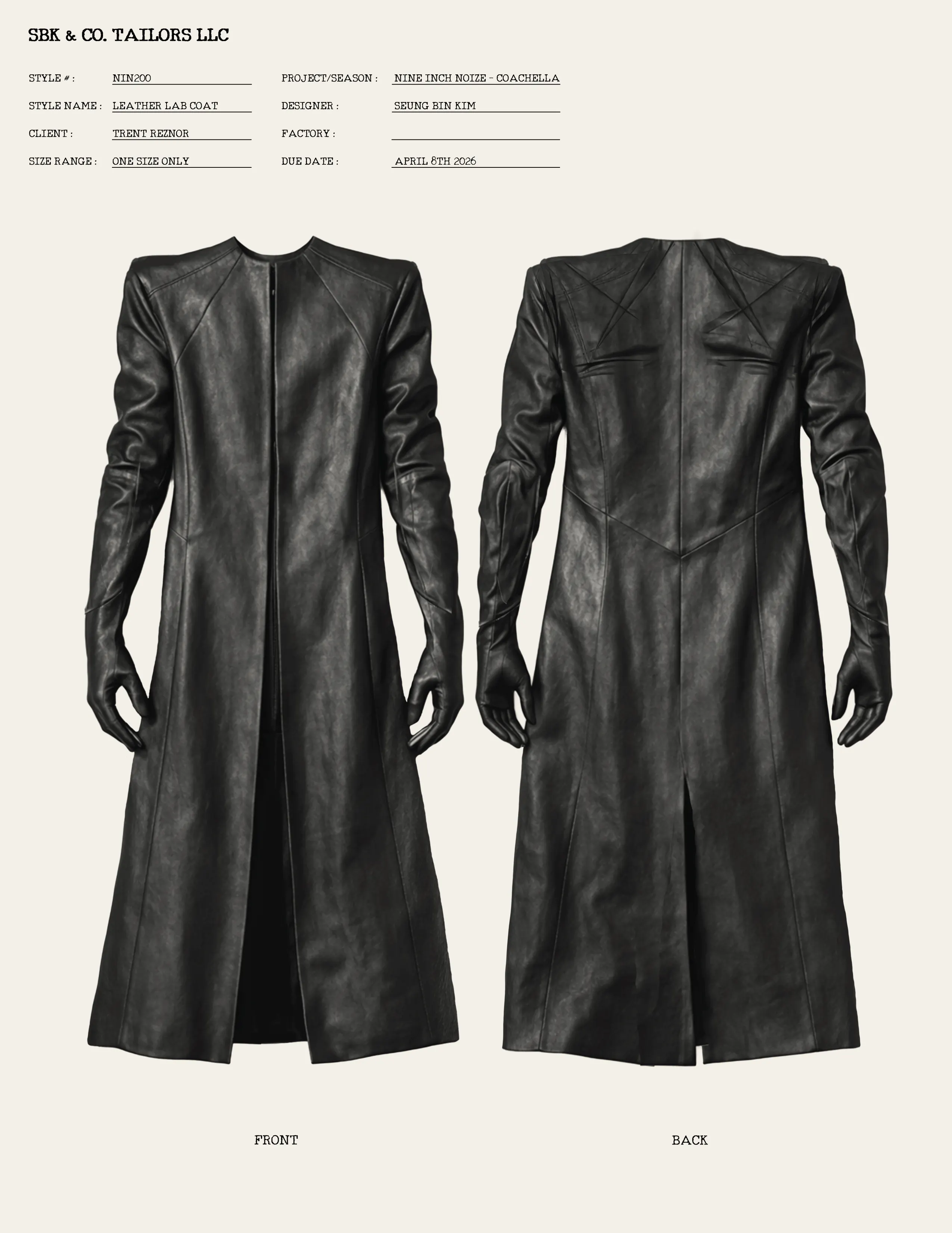 SBK & CO. TAILORS LLC tech pack for style NIN200, 'Leather Lab Coat', showing front and back renderings of a long black leather coat with integrated gloves.