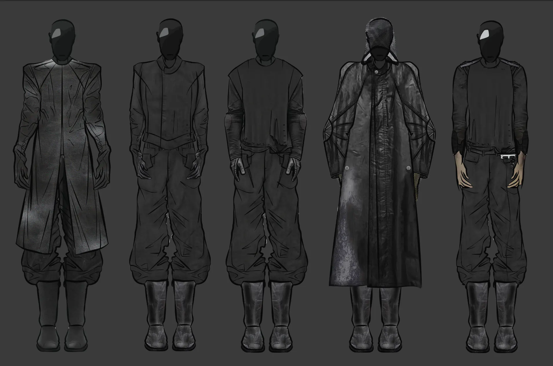 Digital lineup of five black looks: a long coat with sleeves running into integrated gloves, a cropped jacket with integrated gloves, a glove-sleeved top, a long glossy leather coat worn open over a shirt with a mesh hood, and a long-sleeve top with belted trousers, all styled with gathered trousers and heavy boots.