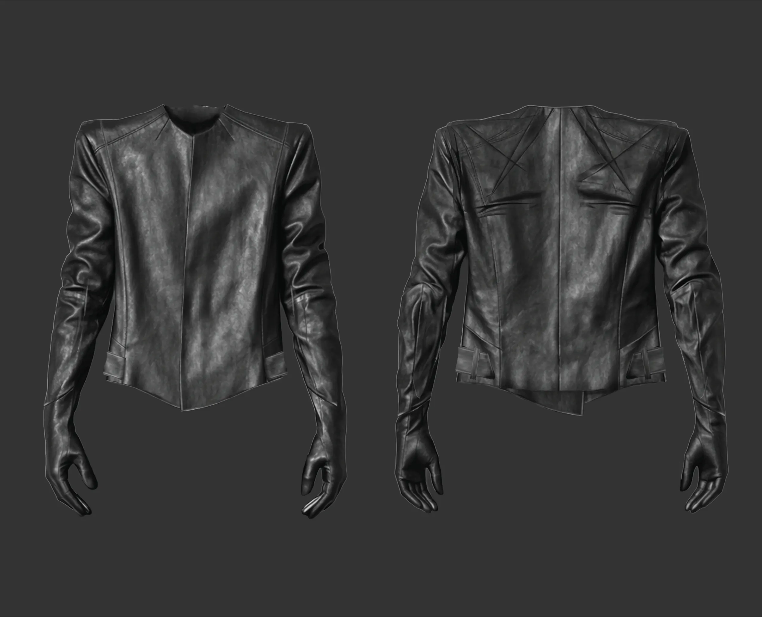 Cropped black leather jacket with integrated full-length gloves, shown front and back on a dark grey ground.