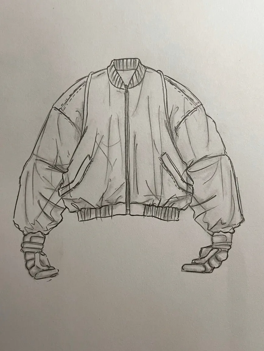 Pencil sketch of a cropped bomber jacket with a ribbed collar and hem, zip front, slanted pockets and gloves at the cuffs