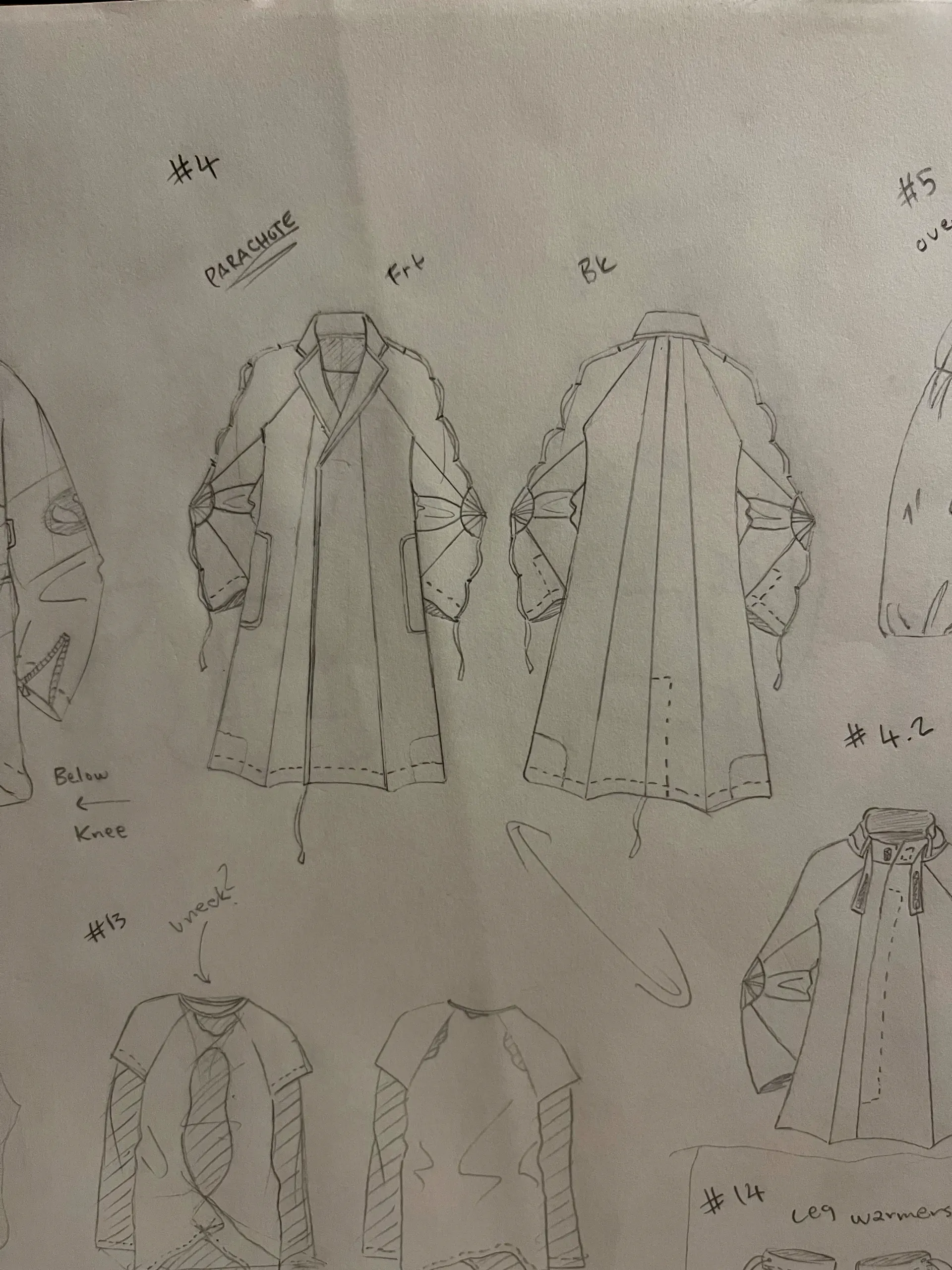 Pencil technical flats of a long coat, front and back, with numbered style notes