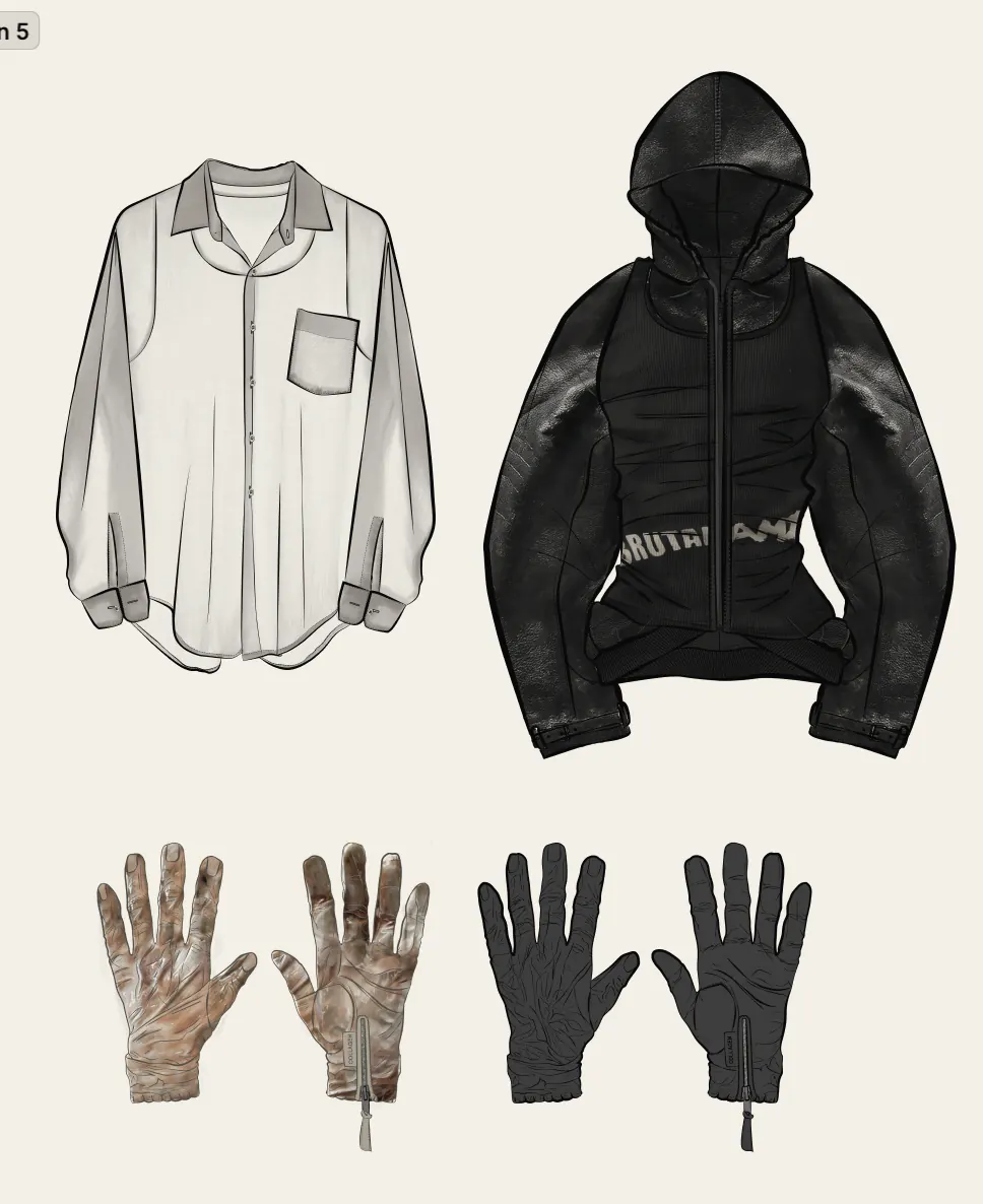 Four rendered fashion flats on white: a loose sheer button-down shirt with a chest pocket, a hooded leather jacket worn open over a ruched printed tank, a pair of translucent gloves, and a pair of black gloves with a zip at the wrist.